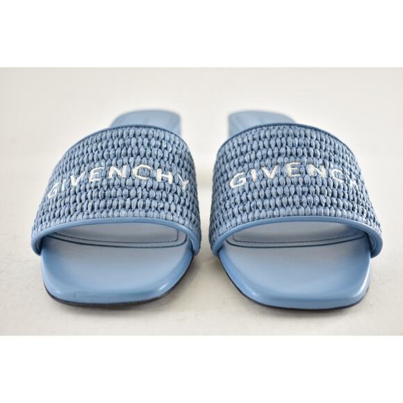 Givenchy 4G Denim Blue Raffia Logo Leather Slide On Mule Block Heel Sandal 37 - Picture 9 of 15